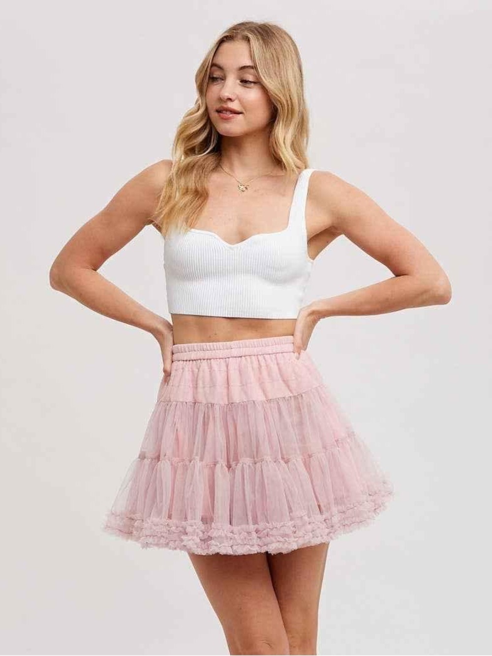 Soft Pink Layered Tulle Mini Skirt with Elastic Waistband